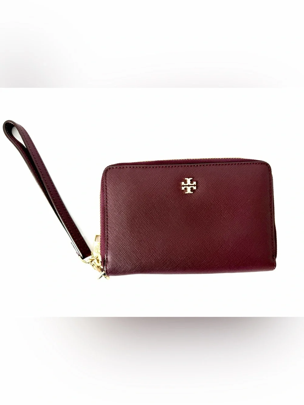 Tory Burch Saffiano Leather Zip Around Wristlet Wallet in Burgundy